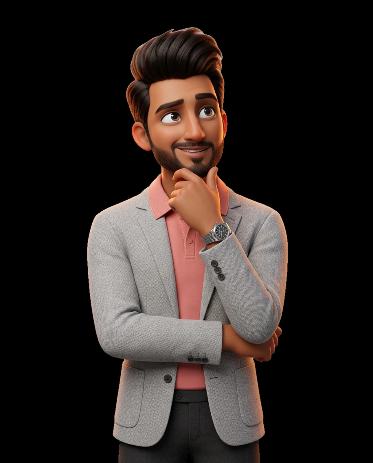3D character of Sandeep Kumar Panda thinking, hand on chin